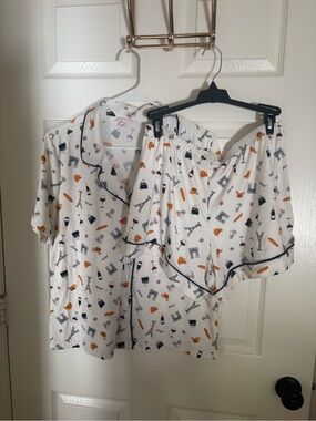White Printed Pajama Set Parisian Wine Coffee Croissant